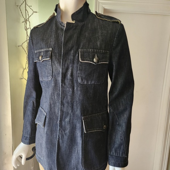 Zara Other - Mens Dark Wash Denim Military Field Jacket Stand Collar Epaulettes Navy Blue